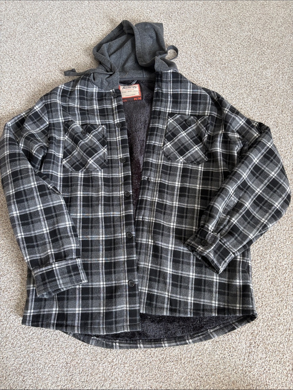 NWOT Hawke & Co Black and Gray Plaid Hooded Fleece-Lined Jacket